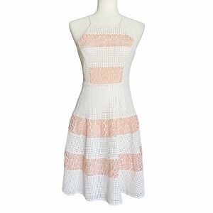Champagne & Strawberries Eyelet Lace Dress S •Fit & Flare Halter Coquette Dreamy